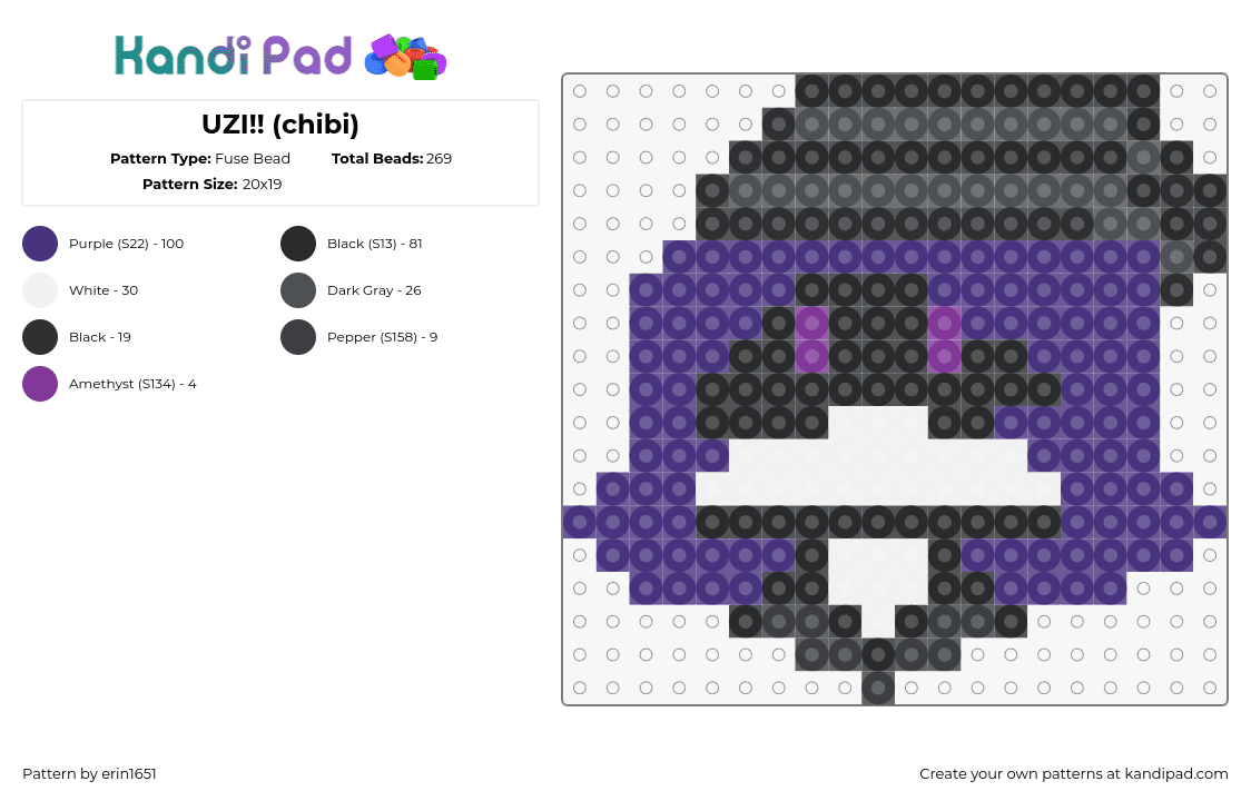 UZI!! (chibi) - Fuse Bead Pattern by erin1651 on Kandi Pad - uzi,murder drones,character,chibi,animation,tv show,purple,black