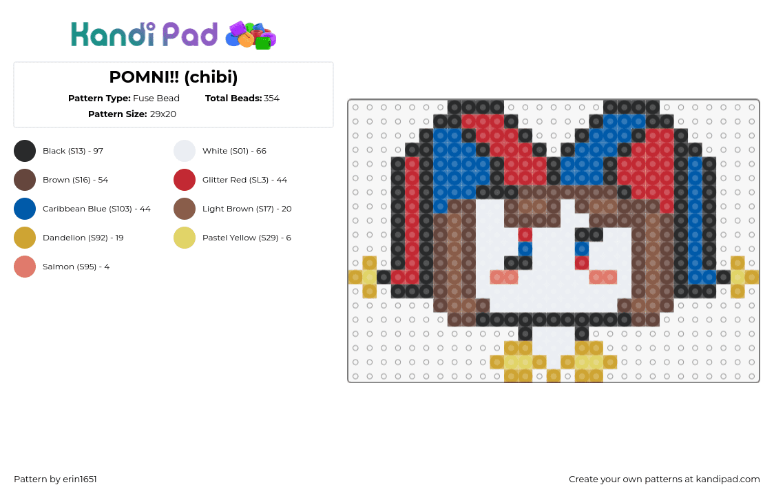 POMNI!! (chibi) - Fuse Bead Pattern by erin1651 on Kandi Pad - pomni,amazing digital circus,character,chibi,animation,tv show,red,blue,brown,white