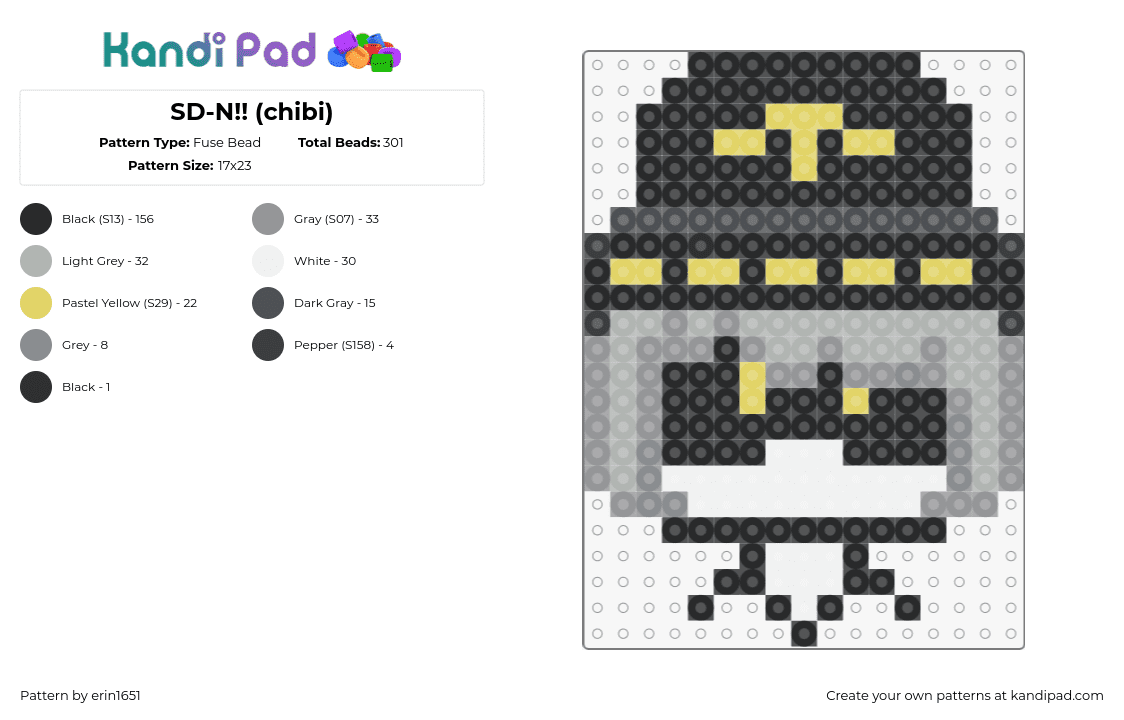 SD-N!! (chibi) - Fuse Bead Pattern by erin1651 on Kandi Pad - serial designation n,murder drones,character,chibi,animation,tv show,gray,black