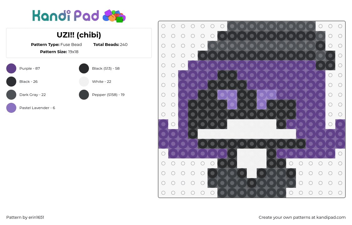 UZI!! (chibi) - Fuse Bead Pattern by erin1651 on Kandi Pad - uzi,murder drones,chibi,tv show,animation,character,purple,gray