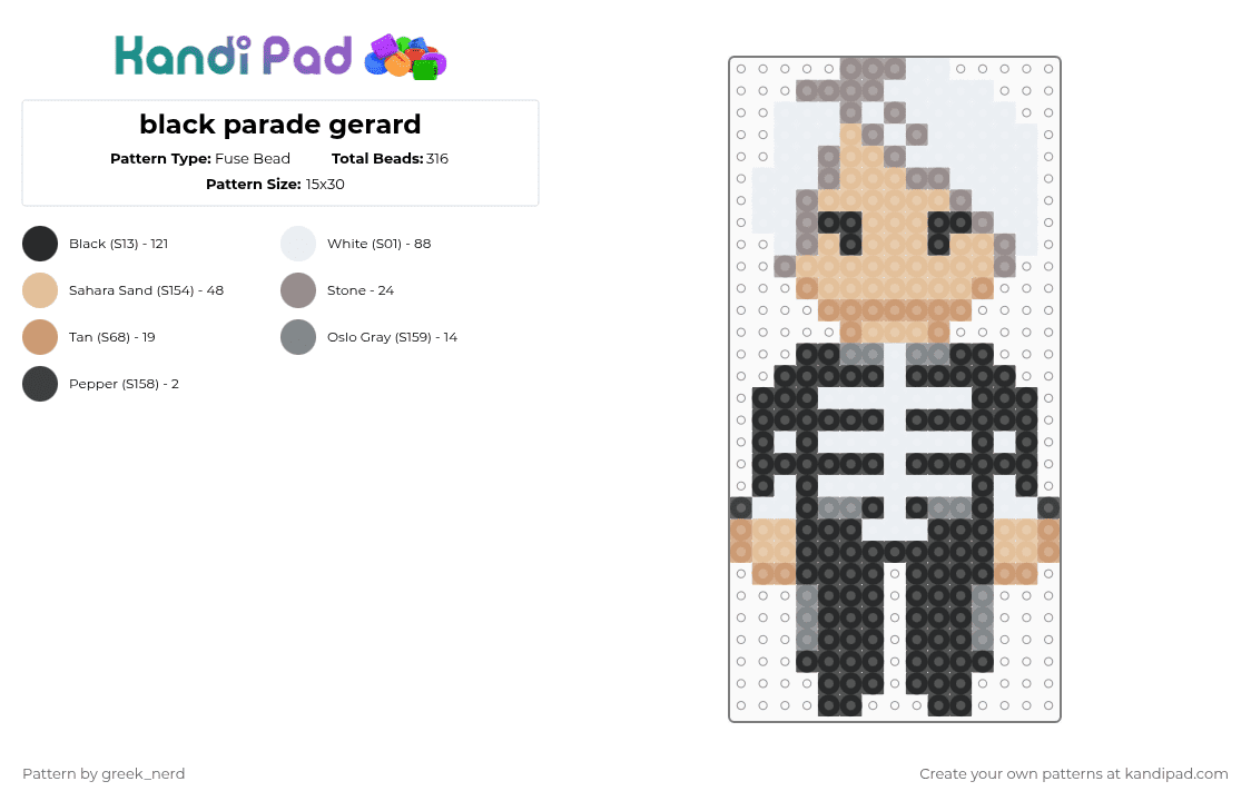 black parade gerard - Fuse Bead Pattern by greek_nerd on Kandi Pad - gerard way,mcr,my chemical romance,band,gray,beige