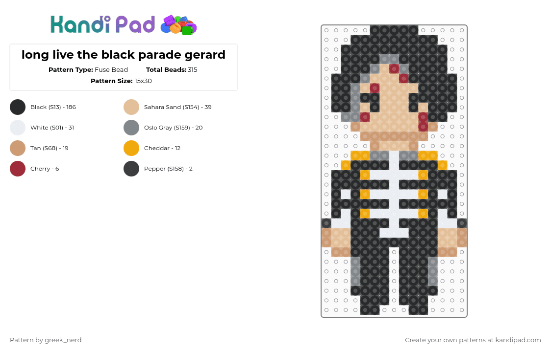 long live the black parade gerard - Fuse Bead Pattern by greek_nerd on Kandi Pad - black,beige