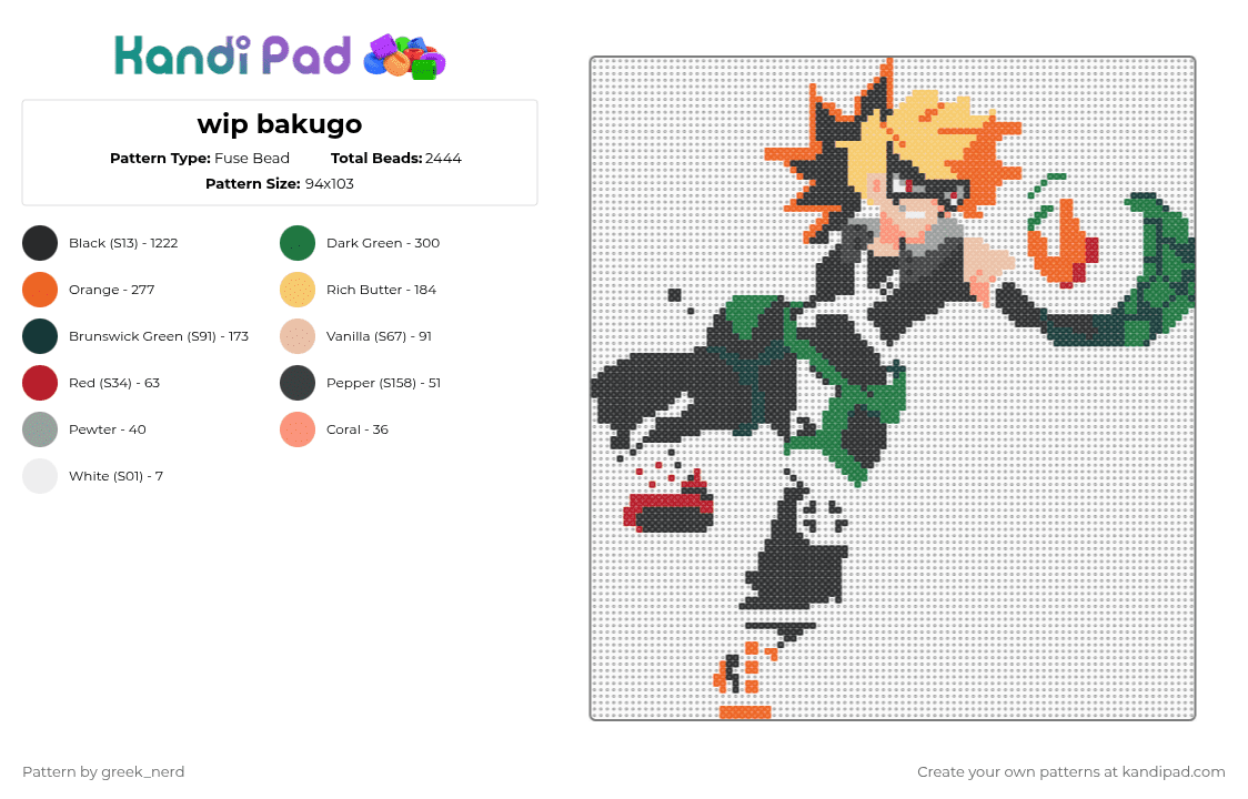 wip bakugo - Fuse Bead Pattern by greek_nerd on Kandi Pad - black,yellow,orange,green