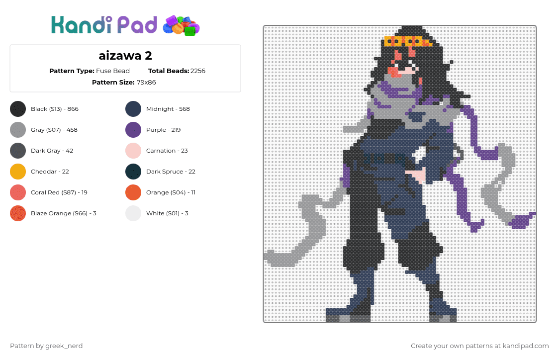 aizawa 2 - Fuse Bead Pattern by greek_nerd on Kandi Pad - gray,purple,aizawa,mha,myhero,shota,shota aizawa