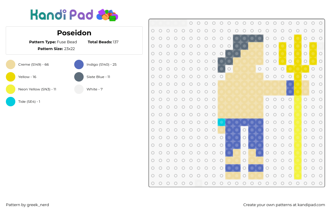 Poseidon - Fuse Bead Pattern by greek_nerd on Kandi Pad - poseidon,trident,character,sea,god,greek,mythological,beige,yellow,blue