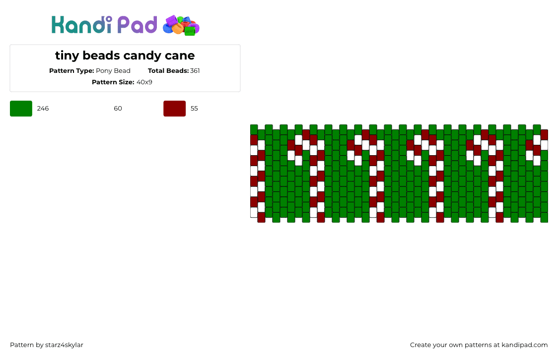 tiny beads candy cane - Pony Bead Pattern by starz4skylar on Kandi Pad - candy cane,christmas,festive,repeating,peppermint,cuff,green,red,white