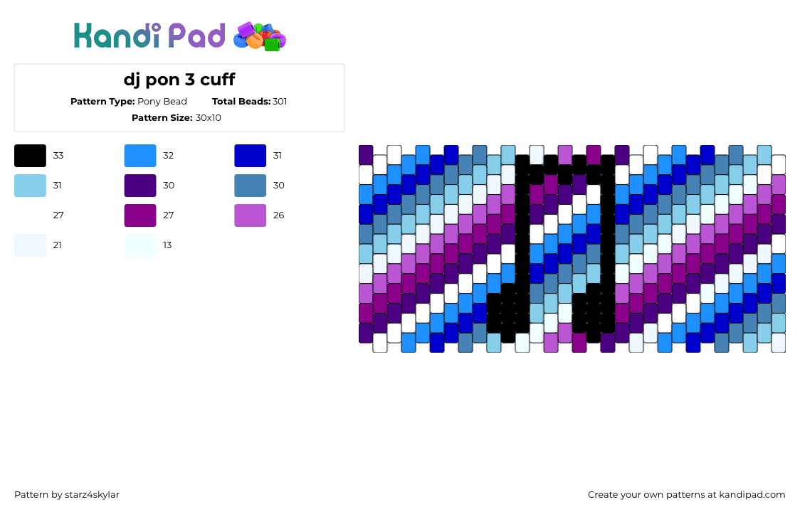 dj pon 3 cuff - Pony Bead Pattern by starz4skylar on Kandi Pad - dj pon3,mlp,music,note,my little pony,diagonal,stripes,cuff,blue,teal,purple