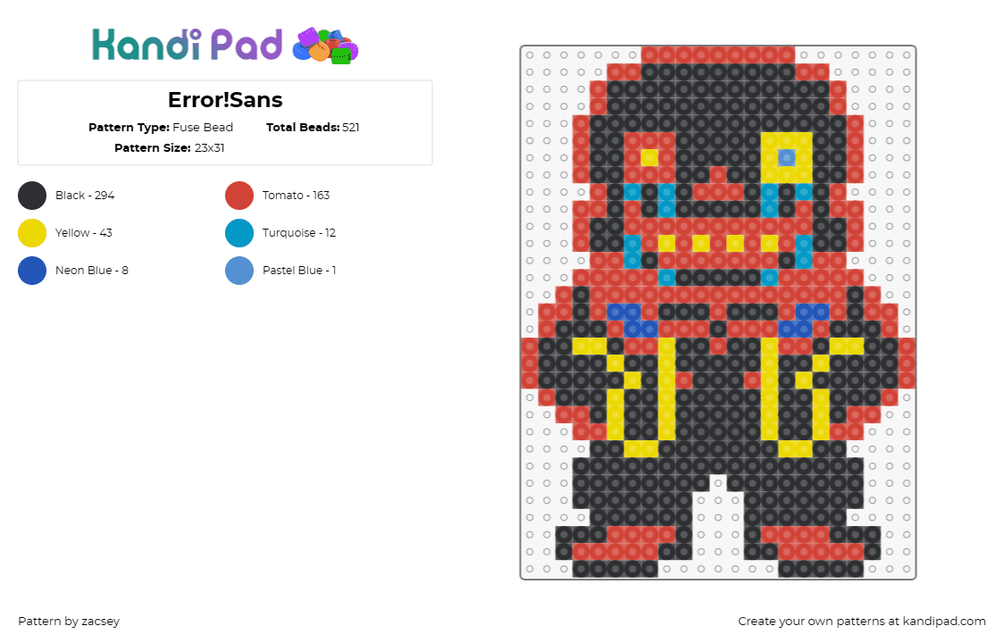 Error!Sans - Fuse Bead Pattern by zacsey on Kandi Pad - error sans,undertale,video game,character,neon,glow,black,red