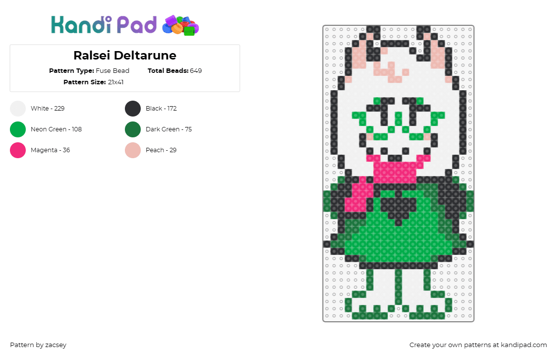 Ralsei Deltarune - Fuse Bead Pattern by zacsey on Kandi Pad - ralsei,deltarune,video game,character,white,green