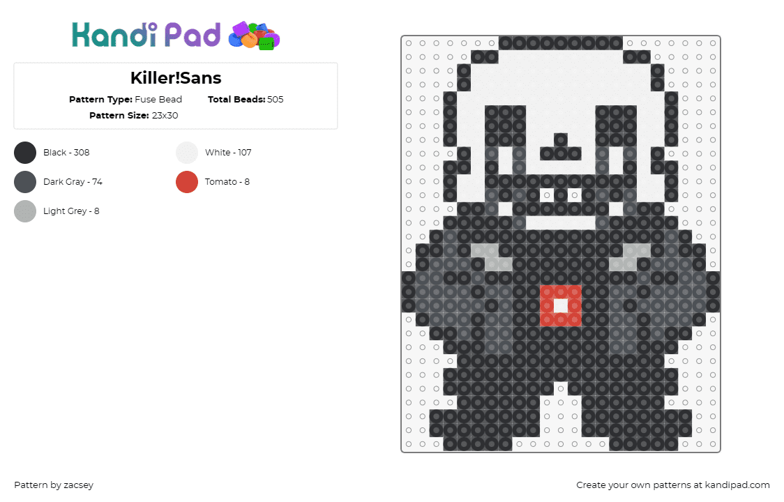 Killer!Sans - Fuse Bead Pattern by zacsey on Kandi Pad - killer,sans,undertale,video game,character,skeleton,white,black