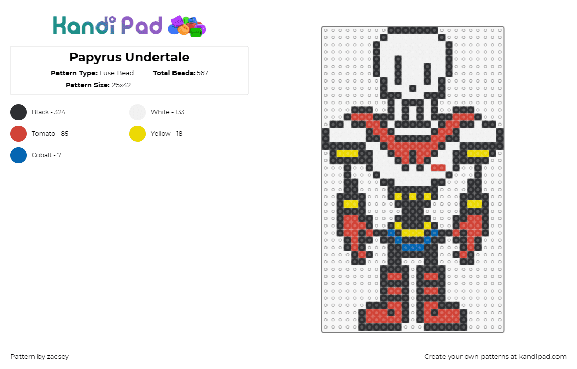 Papyrus Undertale - Fuse Bead Pattern by zacsey on Kandi Pad - papyrus,undertale,skeleton,character,video game,spooky,white,red