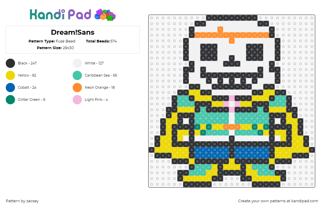 Dream!Sans - Fuse Bead Pattern by zacsey on Kandi Pad - dream,sans,undertale,video game,character,superhero,cape,smile,white,teal,yellow