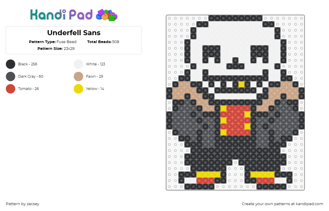 Underfell Sans - Fuse Bead Pattern by zacsey on Kandi Pad - sans,underfell,undertale,skeleton,video game,character,gray,red,white