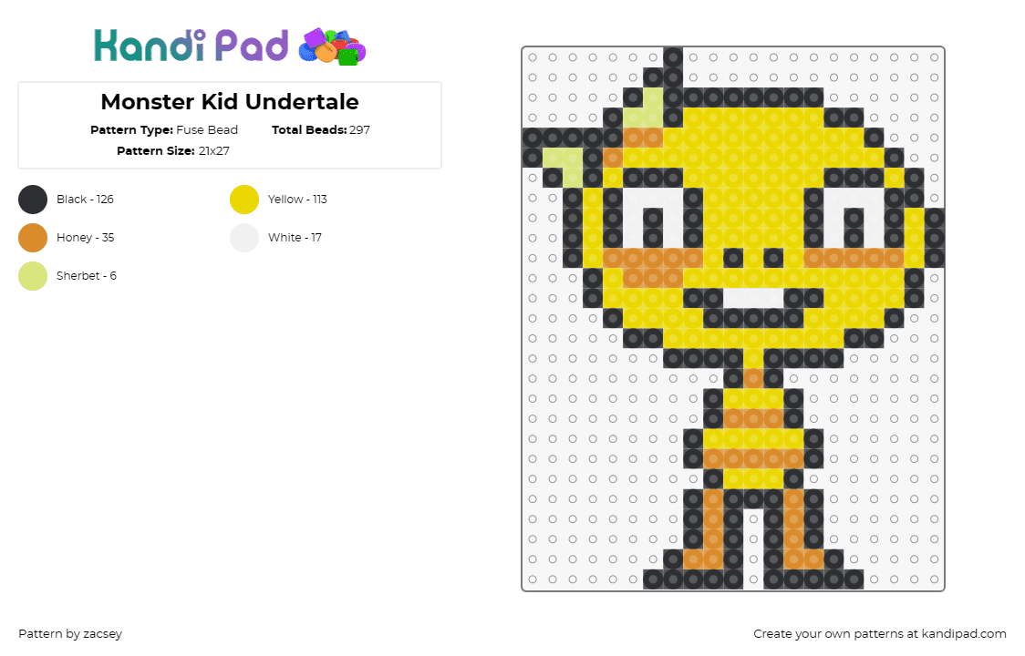 Monster Kid Undertale - Fuse Bead Pattern by zacsey on Kandi Pad - monster kid,undertale,character,video game,smile,yellow