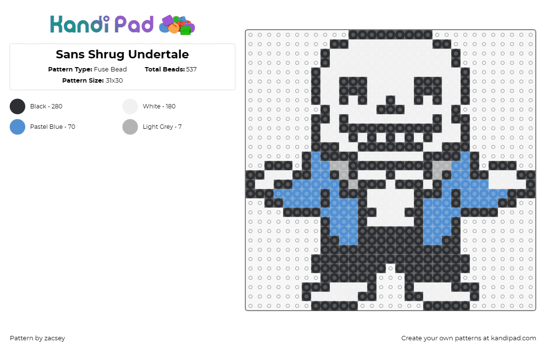 Sans Shrug Undertale - Fuse Bead Pattern by zacsey on Kandi Pad - sans,undertale,skeleton,video game,character,smile,white,blue,black