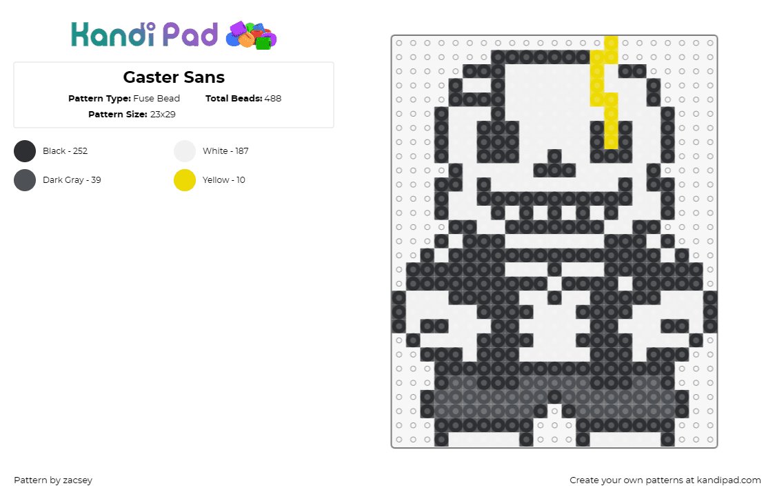 Gaster Sans - Fuse Bead Pattern by zacsey on Kandi Pad - gaster sans,undertale,skeleton,character,video game,cool,white,black