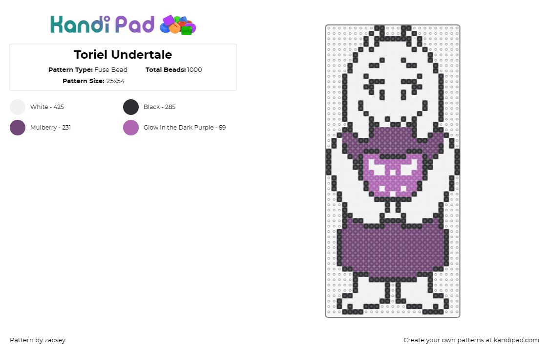 Toriel Undertale - Fuse Bead Pattern by zacsey on Kandi Pad - toriel,undertale,video game,character,purple,white