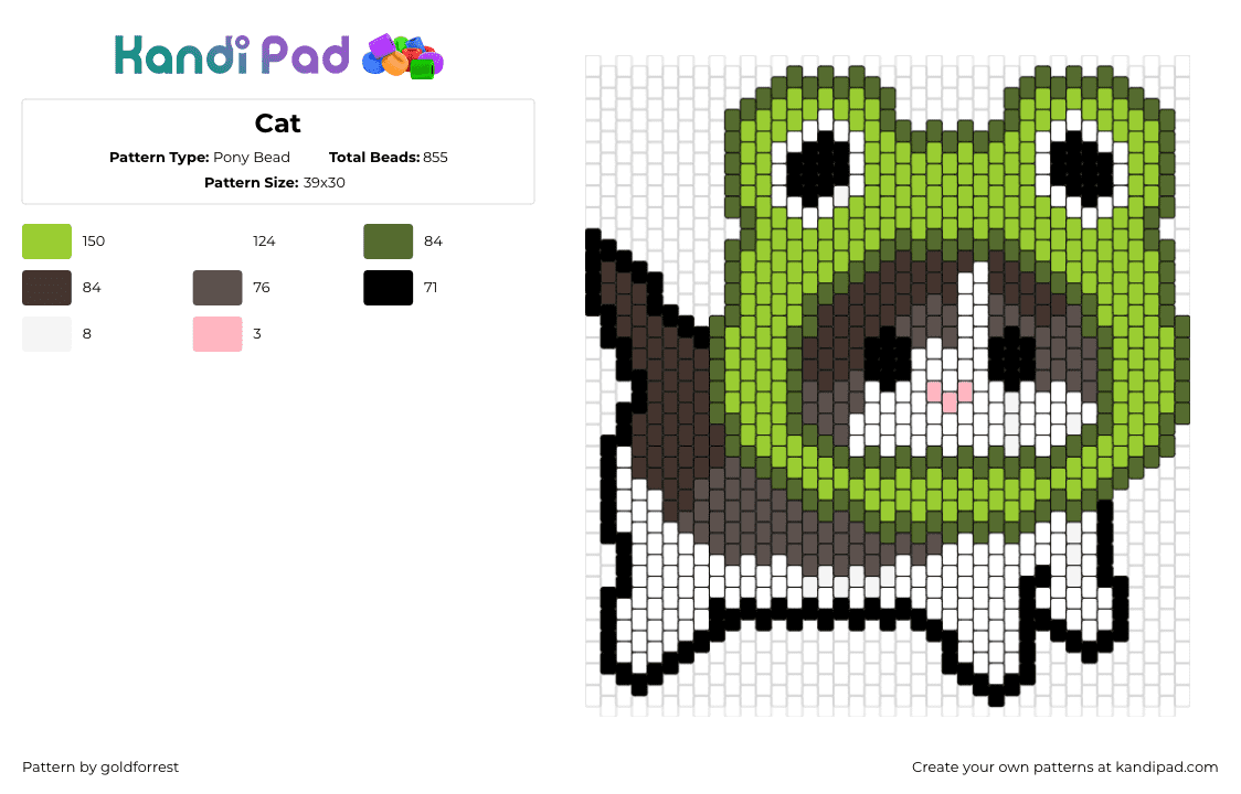 Cat - Pony Bead Pattern by goldforrest on Kandi Pad - cat,frog,costume,animal,kitty,cute,silly,hat,helmet,green,gray,white