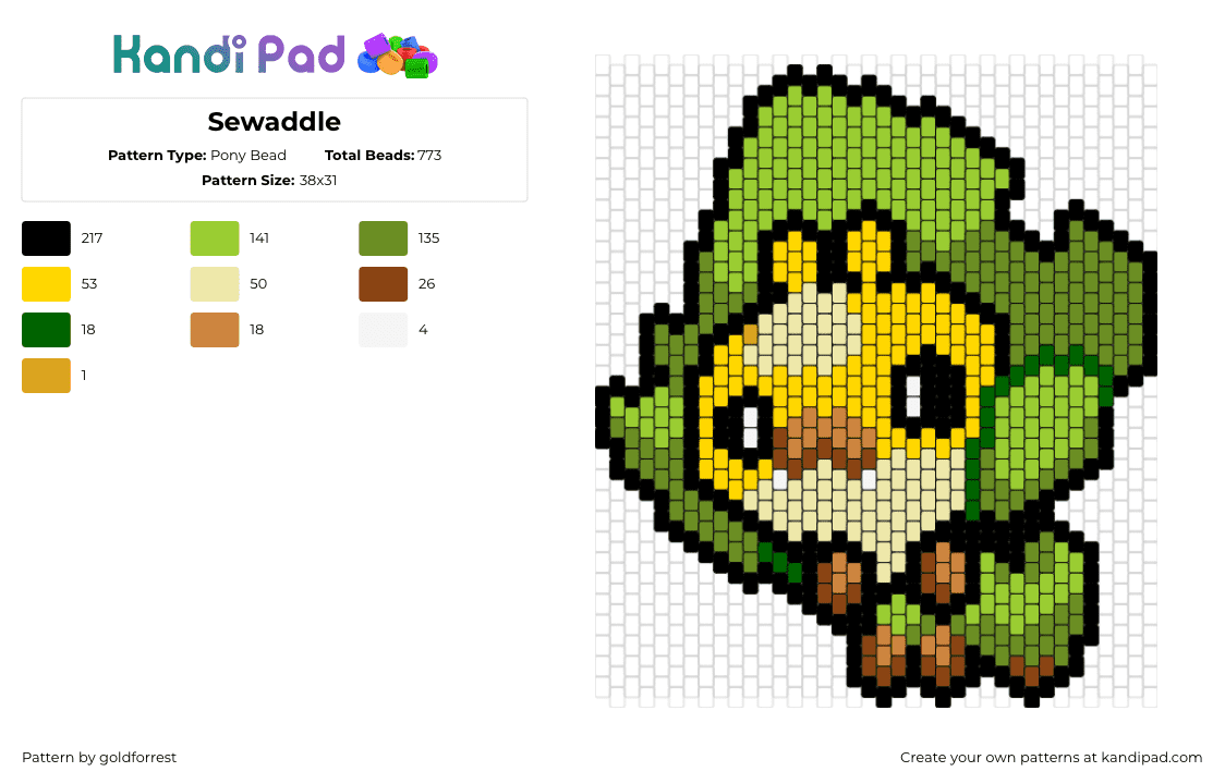 Sewaddle - Pony Bead Pattern by goldforrest on Kandi Pad - sewaddle,pokemon,character,gaming,yellow,green