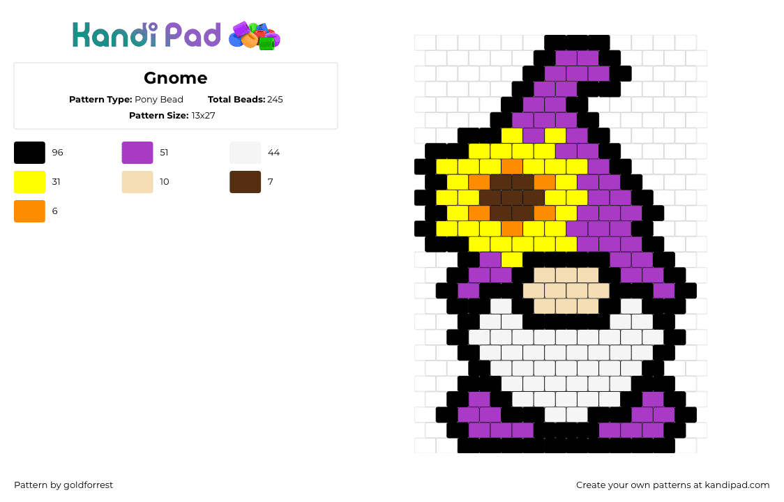 Gnome - Pony Bead Pattern by goldforrest on Kandi Pad - gnome,sunflower,cute,charm,character,yellow,purple,white