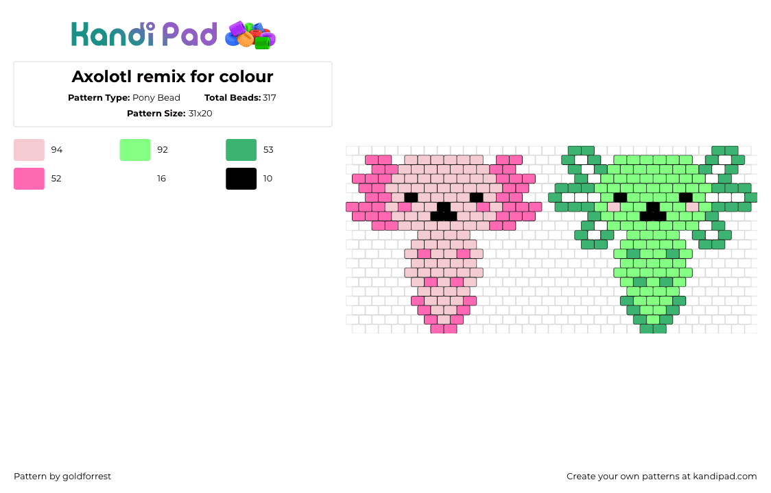 Axolotl remix for colour - Pony Bead Pattern by goldforrest on Kandi Pad - axolotls,amphibians,animals,cute,charms,pink,green