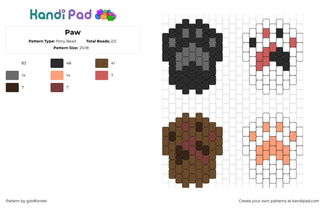 Paw - Pony Bead Pattern by goldforrest on Kandi Pad - paws,animals,charms,hands,black,brown,white,orange