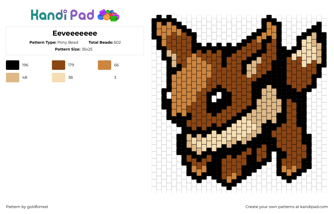 Eeveeeeeee - Pony Bead Pattern by goldforrest on Kandi Pad - eevee,pokemon,character,gaming,cute,brown,tan