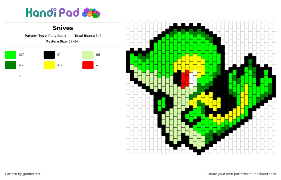 Snives - Pony Bead Pattern by goldforrest on Kandi Pad - snivy,pokemon,character,gaming,green,tan,yellow