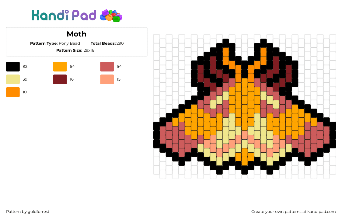 Moth - Pony Bead Pattern by goldforrest on Kandi Pad - moth,insect,butterfly,bug,orange,yellow,red