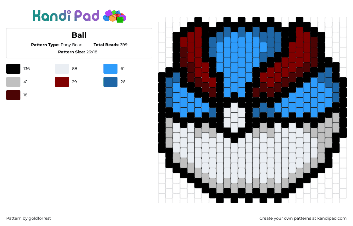 Ball - Pony Bead Pattern by goldforrest on Kandi Pad - great ball,pokeball,pokemon,gaming,blue,red,white