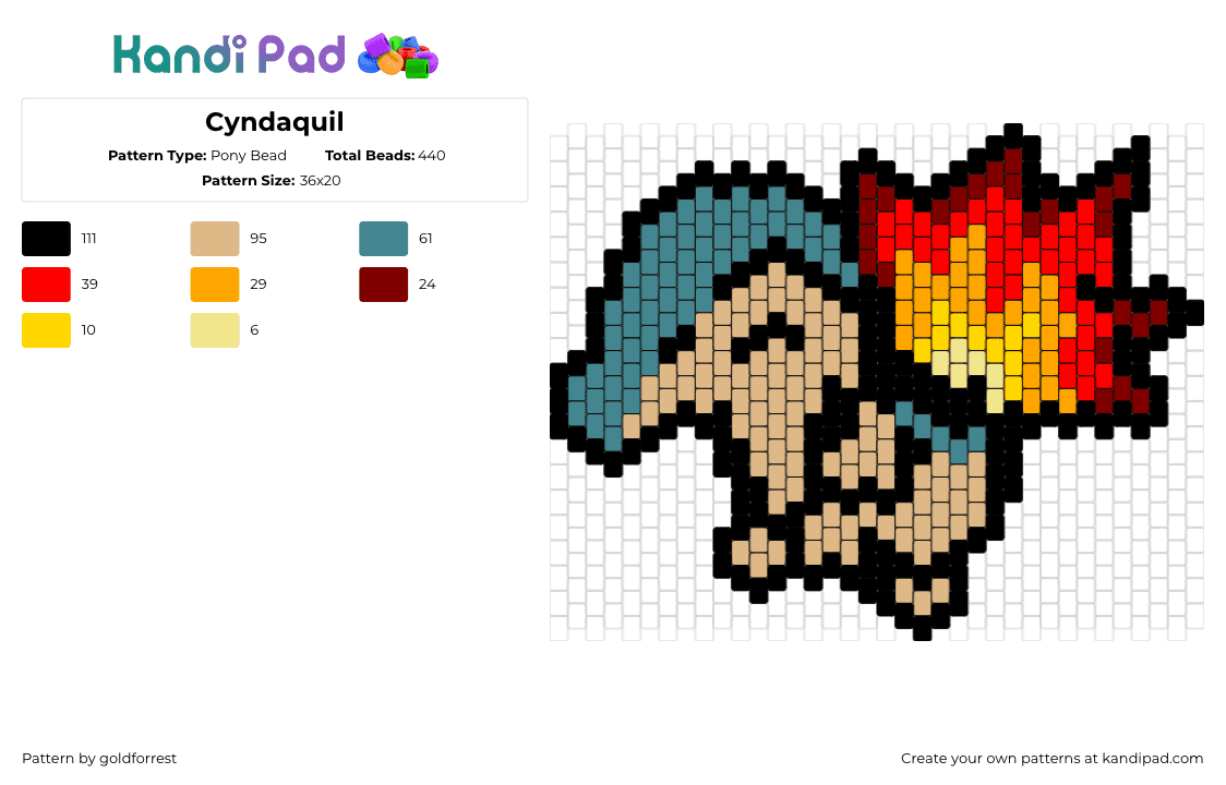 Cyndaquil - Pony Bead Pattern by goldforrest on Kandi Pad - cyndaquil,pokemon,character,gaming,red,tan