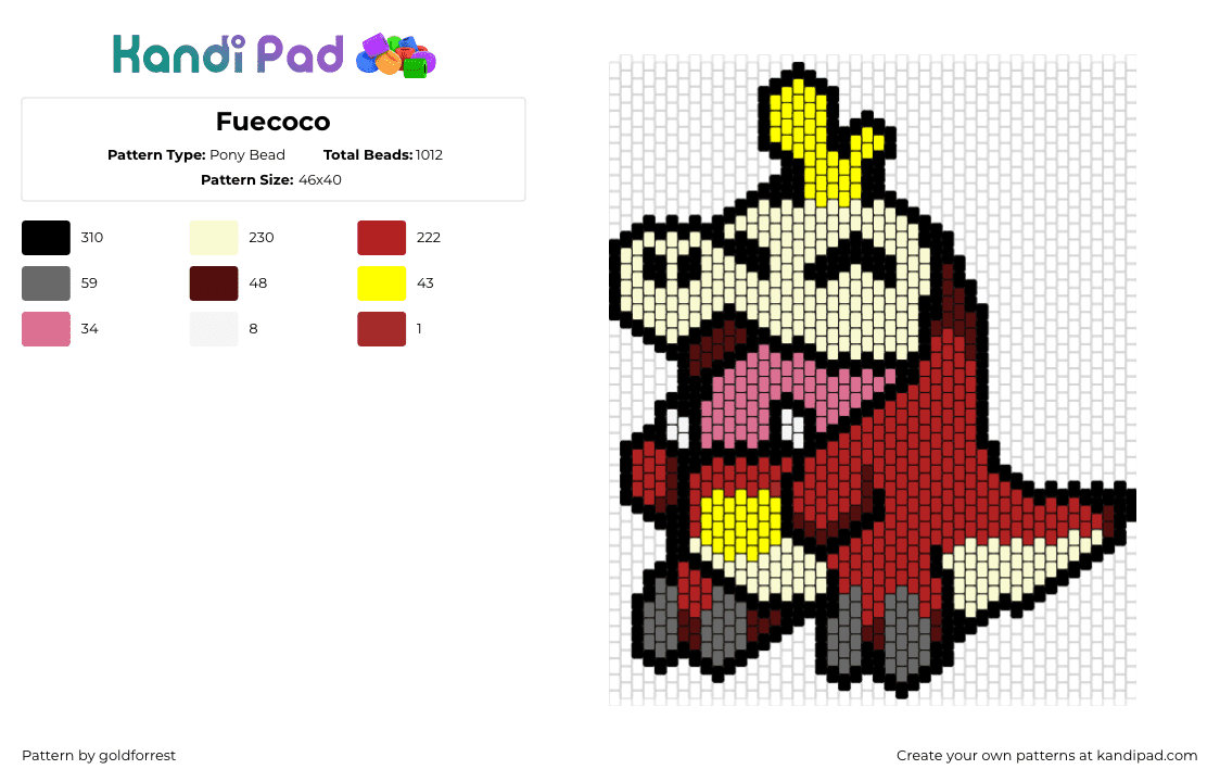 Fuecoco - Pony Bead Pattern by goldforrest on Kandi Pad - fuecoco,pokemon,character,gaming,cute,red,beige,yellow