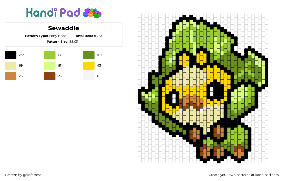 Sewaddle - Pony Bead Pattern by goldforrest on Kandi Pad - sewaddle,pokemon,character,gaming,yellow,green