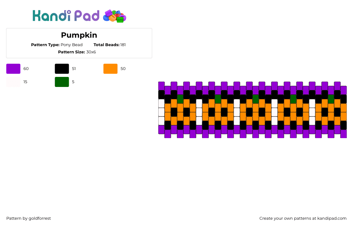 Pumpkin - Pony Bead Pattern by goldforrest on Kandi Pad - pumpkins,repeating,festive,halloween,holiday,cuff,orange,purple