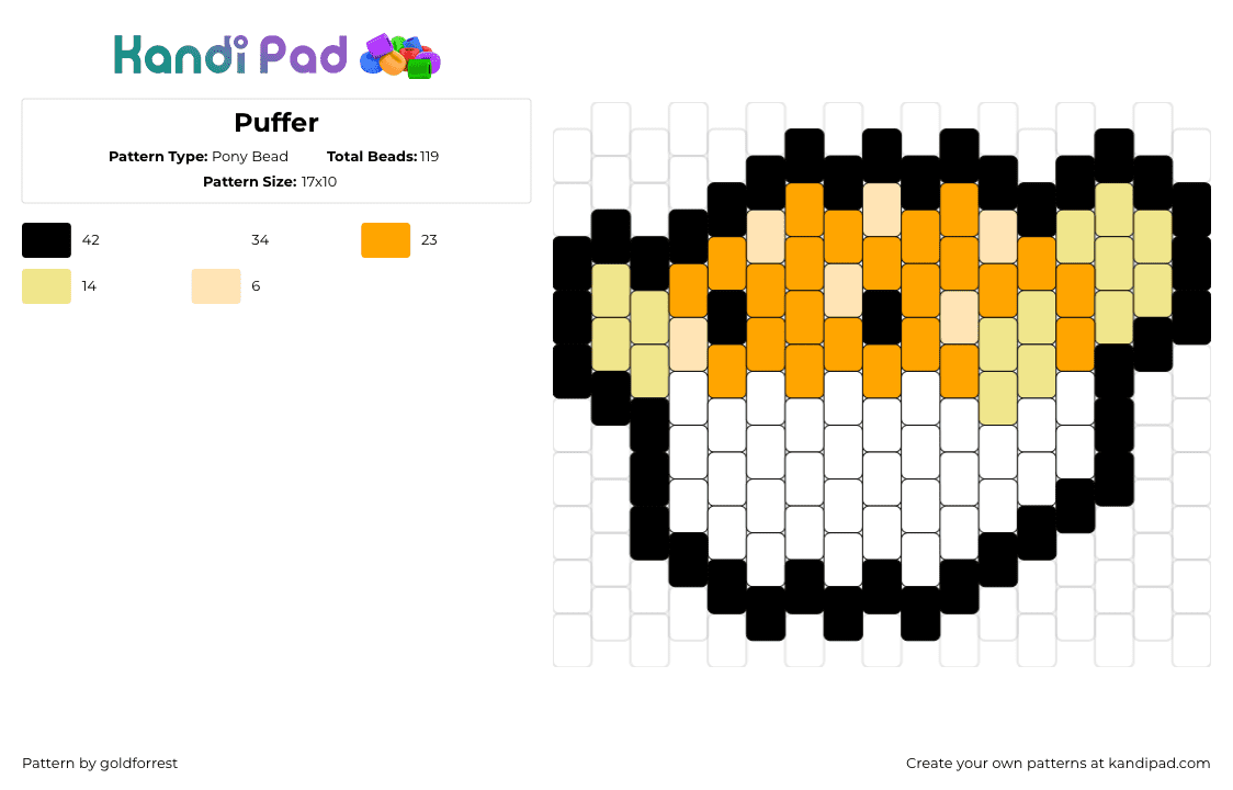 Puffer - Pony Bead Pattern by goldforrest on Kandi Pad - puffer,fish,animal,charm,white,orange