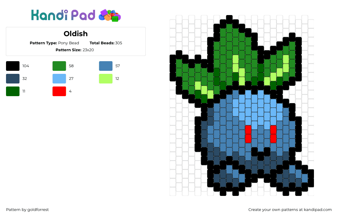 Oldish - Pony Bead Pattern by goldforrest on Kandi Pad - oddish,pokemon,character,gaming,cute,blue,green