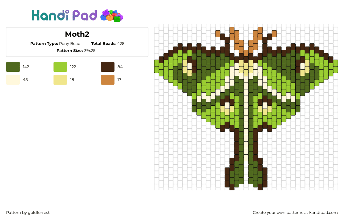 Moth2 - Pony Bead Pattern by goldforrest on Kandi Pad - moth,insect,butterfly,winged,earthy,green,brown