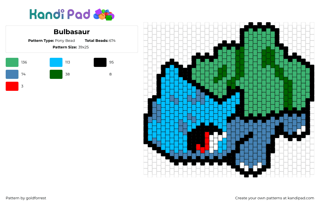 Bulbasaur - Pony Bead Pattern by goldforrest on Kandi Pad - 