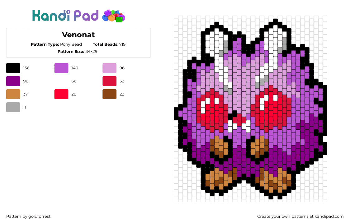 Venonat - Pony Bead Pattern by goldforrest on Kandi Pad - venonat,pokemon,character,gaming,purple,pink,red,tan