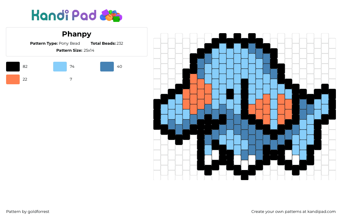 Phanpy - Pony Bead Pattern by goldforrest on Kandi Pad - phanpy,pokemon,gaming,character,elephant,blue,orange