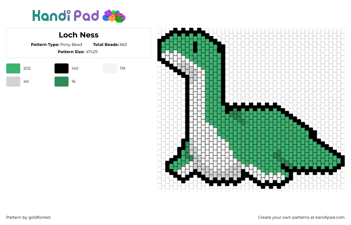 Loch Ness - Pony Bead Pattern by goldforrest on Kandi Pad - nessie,loch ness monster,dinosaur,cute,mythological,cute,animal,white,green