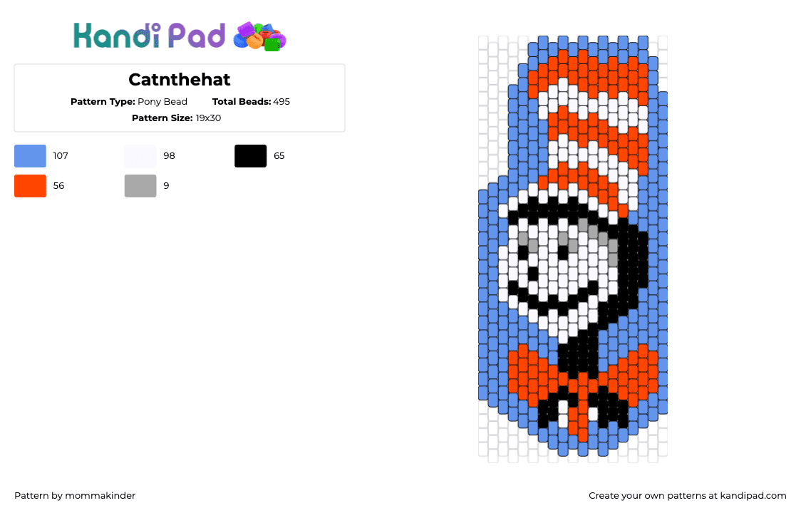 Catnthehat - Pony Bead Pattern by mommakinder on Kandi Pad - cat in the hat,dr seuss,character,panel,stripes,bow,story,book,blue,red,white