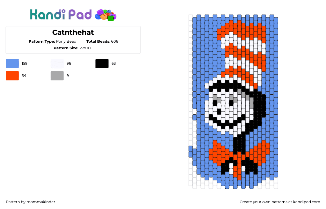 Catnthehat - Pony Bead Pattern by mommakinder on Kandi Pad - cat in the hat,dr seuss,character,panel,stripes,bow,story,book,blue,red,white,black