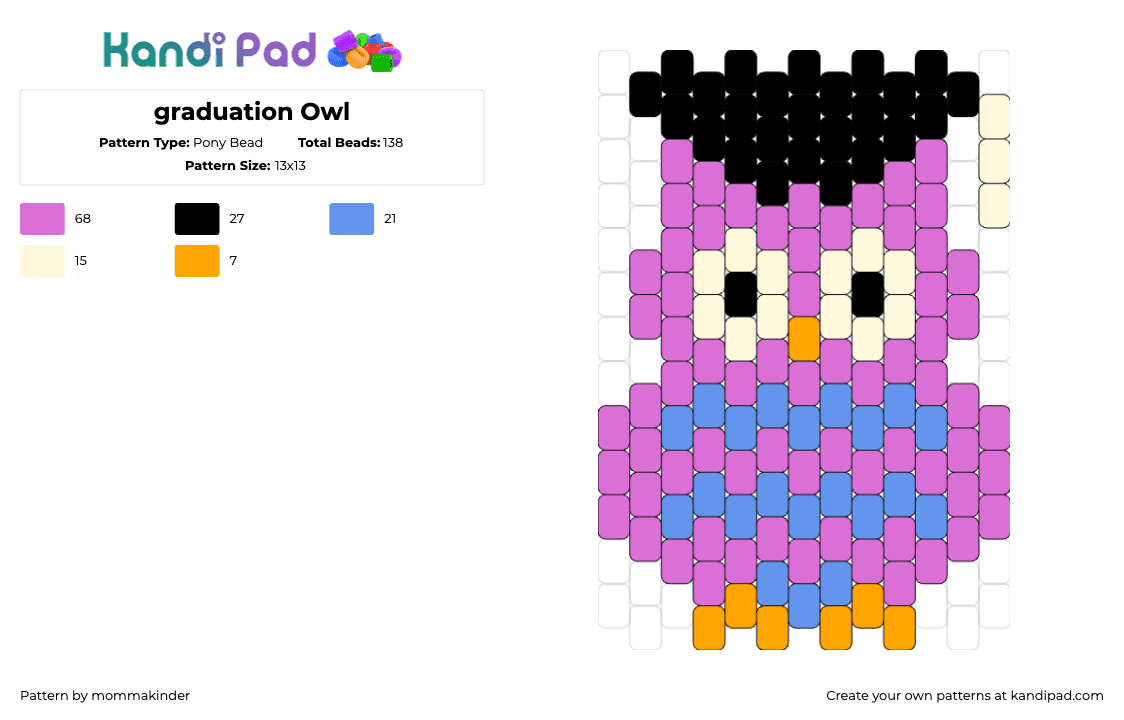 graduation Owl - Pony Bead Pattern by mommakinder on Kandi Pad - owl,graduation,bird,animal,school,cap,hat,purple,blue