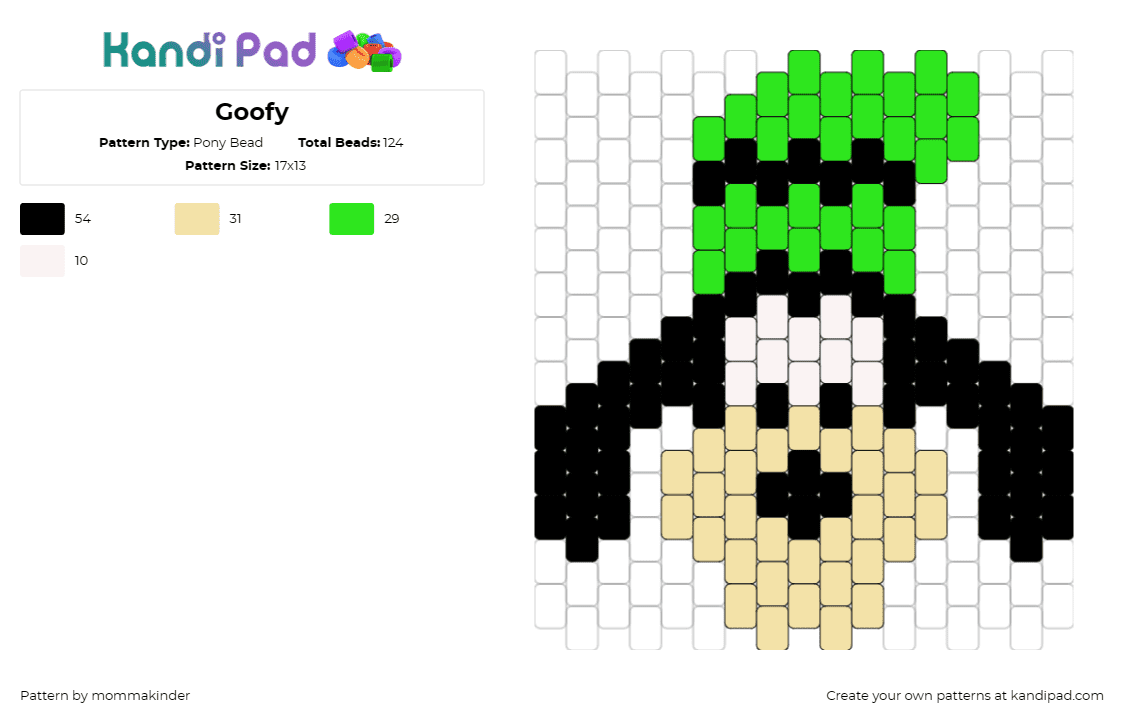 Goofy - Pony Bead Pattern by mommakinder on Kandi Pad - goofy,disney,character,dog,mickey mouse,green,tan,black