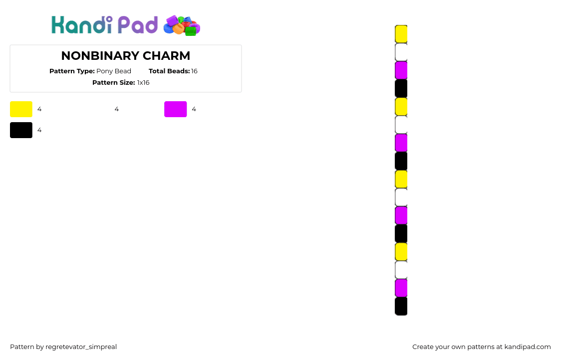 NONBINARY CHARM - Pony Bead Pattern by regretevator_simpreal on Kandi Pad - nonbinary,pride,single,pink,yellow,black,white