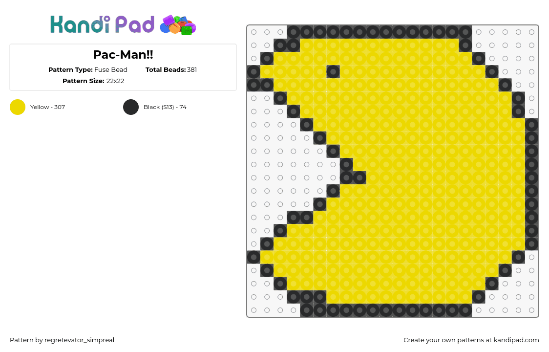 Pac-Man!! - Fuse Bead Pattern by regretevator_simpreal on Kandi Pad - pacman,arcade,namco,video game,retro,nostalgia,character,yellow