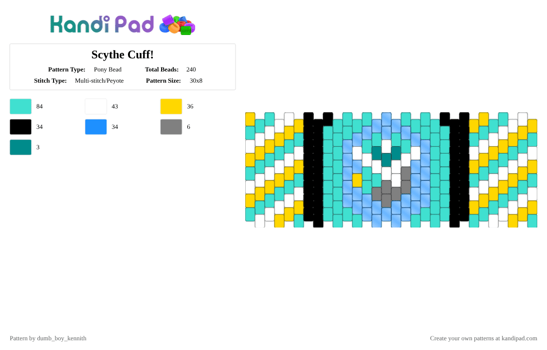 Scythe Cuff! - Pony Bead Pattern by dumb_boy_kennith on Kandi Pad - light blue,phighting,white,black,roblox phighting,teal,cyan,yellow