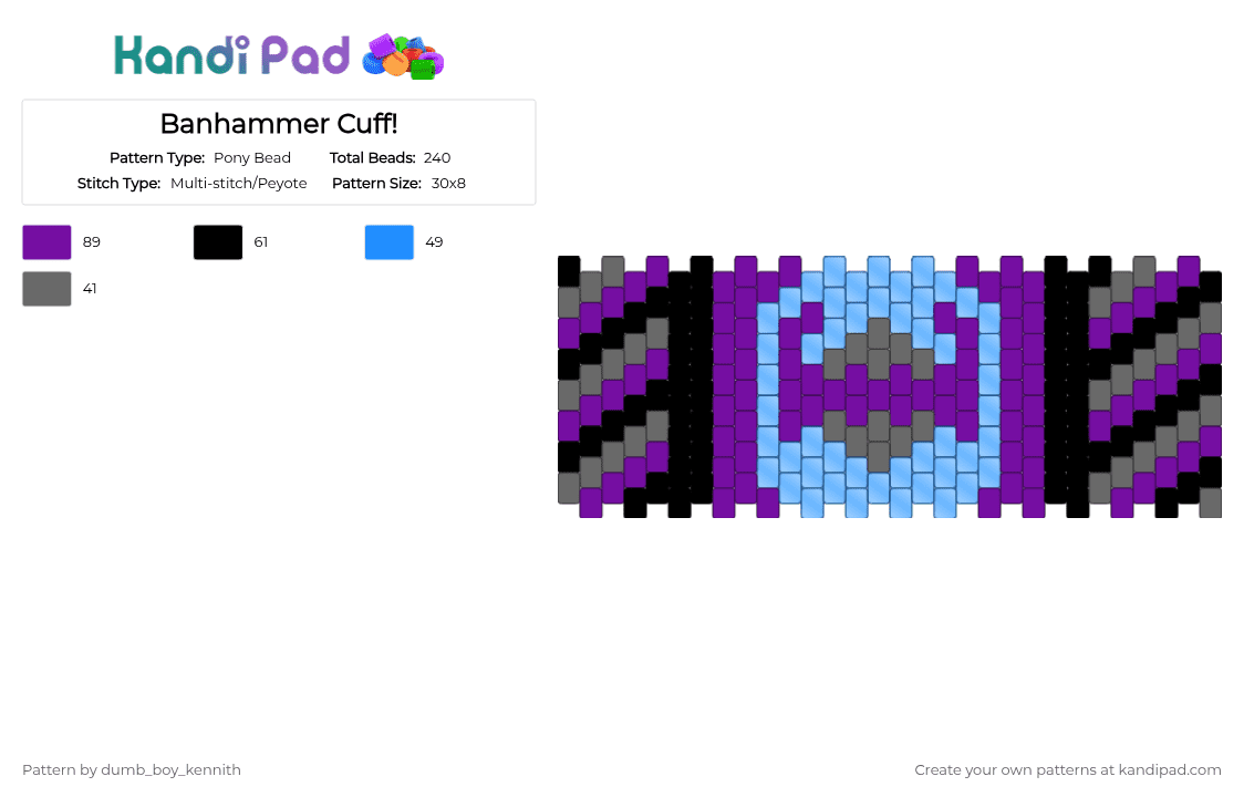 Banhammer Cuff! - Pony Bead Pattern by dumb_boy_kennith on Kandi Pad - purple,phighting,grey,black,roblox phighting