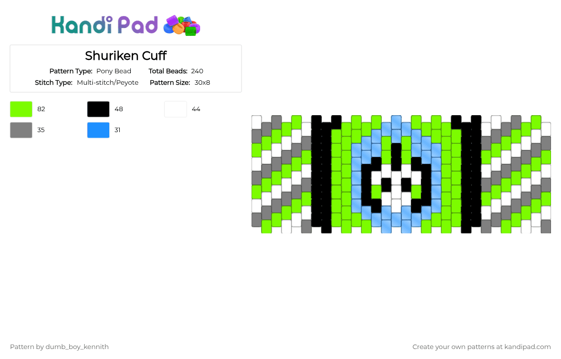 Shuriken Cuff - Phighting - Pony Bead Pattern by dumb_boy_kennith on Kandi Pad - green,shuriken,shuriken phighting,phighting,grey,white